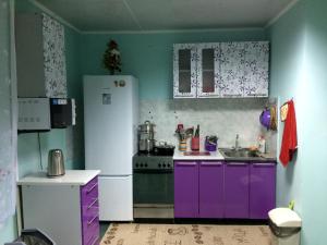 シェレゲシュにあるГостевой дом SNeGのキッチン(紫色のキャビネット、白い冷蔵庫付)