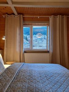 a bedroom with a bed and a large window at Krokus house in Verkhovyna
