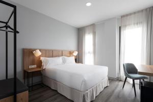 a bedroom with a bed and a desk and a chair at Petit Palace Vargas in Seville