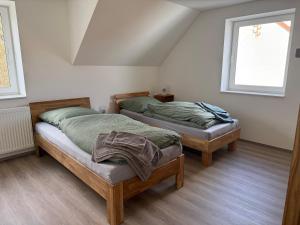 two twin beds in a room with a attic at Ferienhaus Hirschi in Eisenach