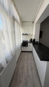 a kitchen with white cabinets and a wooden floor at Luxury Lion Crib in Bacău
