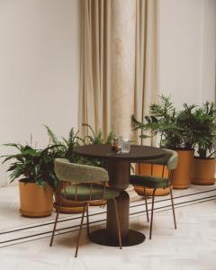 a table and chairs with plants in a room at Palacio Pinello in Seville
