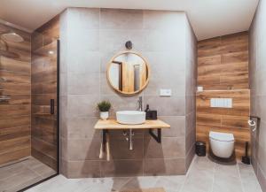 a bathroom with a sink and a shower at U Ztraceného potoka in Vápenná