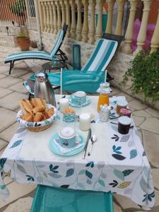 a table with a plate of bread and a kettle at " Chez NADOU " 2 Chambres d' Hôtes dans maison indépendante à 4 Kms d'Uzès in Arpaillargues-et-Aureillac
