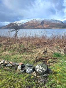 a pile of rocks in the grass next to a body of water at The Hideaway Guest suite in Fort William