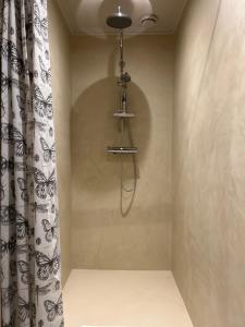 a shower in a room with a shower curtain at Gastenverblijf de paddestoel in Urk +26 photos