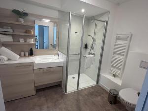 a bathroom with a shower and a sink and a toilet at DOMITYS - L'Elyme des sables in Neufchâtel-Hardelot +13 photos