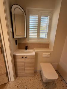 a bathroom with a sink and a toilet and a mirror at Lillypool Farm in Shipham
