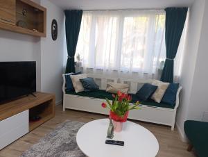 a living room with a couch and a table with flowers at Apartament Karina in Baia Mare