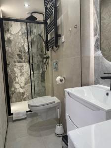 a bathroom with a shower and a toilet and a sink at Odpocznij w Centrum in Wałbrzych