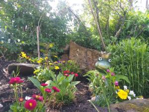 Ein Garten mit einer Froschstatue inmitten von Blumen in der Unterkunft Biehlerhof in Freudenberg