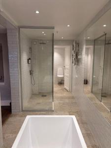 a bathroom with a tub and a shower and a toilet at Hotell Visby Börs in Visby +30 photos