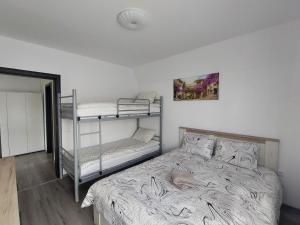 a bedroom with a bed and two bunk beds at Vila Narci Paltinis in Păltiniş +13 photos