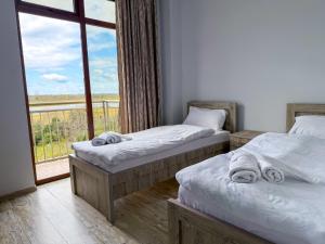 two beds in a room with a large window at Three Lion Hotel in Batumi +31 photos