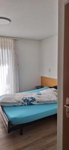 a bedroom with a bed with a blue comforter and a window at Gasthof Moosmatt in Egolzwil +1 photo