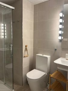 a bathroom with a toilet and a shower and a sink at ABA Malaguita in Conil de la Frontera +5 photos