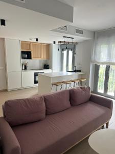 a living room with a couch and a kitchen at ABA Malaguita in Conil de la Frontera