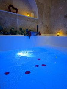 a tub filled with blue water with fish in it at La Suite Balinaise in Quimper