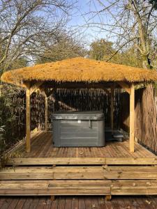 a wooden deck with a gazebo with a tv in it at Le Nid d'Eliyah dômes et suites avec jacuzzis 15min Disneyland in Nanteuil-lès-Meaux