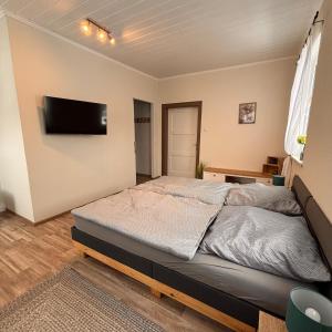 a bedroom with a bed and a flat screen tv at Ferienwohnung Am Schleizer Dreieck in Schleiz