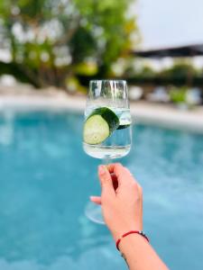 a person holding a glass of water with a cucumber in it at Domaine La Parpaille in Cucuron