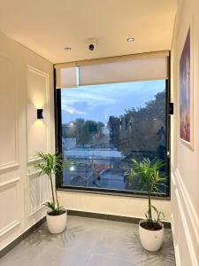 a room with two potted plants in front of a window at Hotel Starway in Hisār
