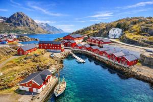 an aerial view of a harbor with red buildings at Finnvika panorama Cabin 2 in Vestvågøya