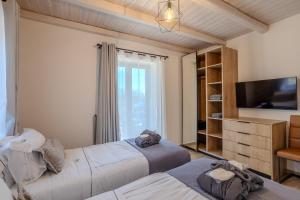 a bedroom with two beds and a tv and a window at Lakkos Villas in Kardamyli