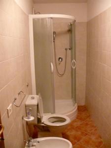 ポルペナッツェ・デル・ガルダにあるAppartamenti Polpenazzeのバスルーム(トイレ、ガラス張りのシャワー付)