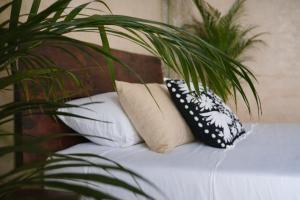 a bed with four pillows and a plant on it at Suite Privada Origen 63 Centro Histórico Mérida in Mérida