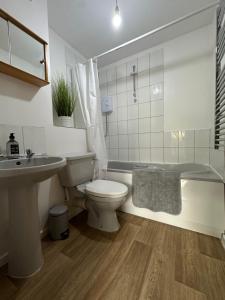 a bathroom with a toilet and a sink and a shower at The Garden Haven in Cheddar