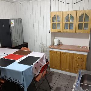 a kitchen with a table and a counter top at Hostal Adriana in Valdivia
