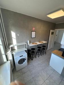 a laundry room with a washing machine and a counter at Cosy studio a Lausanne center in Ouchy +8 photos