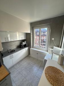 a small kitchen with a sink and a window at Cosy studio a Lausanne center in Ouchy