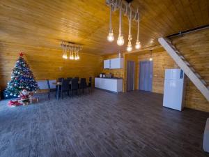 a living room with a christmas tree and a kitchen at Cabana Z-Haven in Ungureni