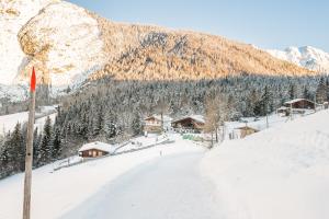 a snow covered mountain with a ski lodge in the distance at Ropferhof in Buchen