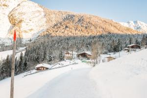 einen schneebedeckten Berg mit einer Skihütte in der Ferne in der Unterkunft Ropferhof in Buchen