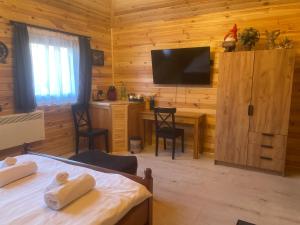 a bedroom with a bed and a desk and a television at Hasienda in Râşnov