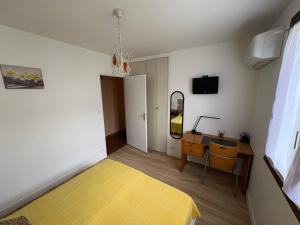a bedroom with a bed and a desk and a mirror at Le Petit Puits de l Ange in Bonny-sur-Loire