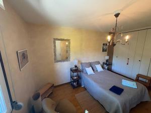 a bedroom with a bed and a chair and a mirror at Le Petit Baron in Crémieu