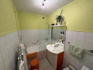 a bathroom with a tub and a sink and a shower at Le Petit Baron in Crémieu +7 photos