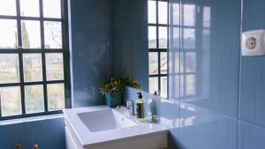 a blue bathroom with a sink and windows at Casa do Outeiro in Vila Meã +23 photos