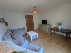 a living room with a blue couch and a table at Apartment L i e b l i n g s o r t in Golling an der Salzach
