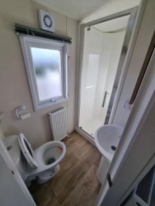 a bathroom with a toilet and a sink at Swanage Caravan in Swanage +1 photo