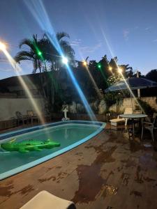 a pool with a fish in the water at night at Melizas Garden Pousada em Foz do Iguaçu in Foz do Iguaçu