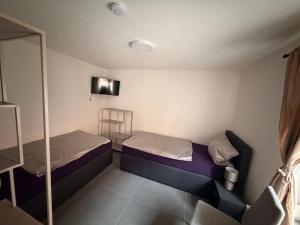 a small room with two beds and a mirror at Ferienwohnung Cookie in Elxleben