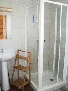 a shower with a glass door next to a sink at ZEcamping 3 étoiles avec piscine et pataugeoire in Saint-Projet