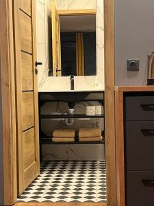 a bathroom with a sink and a mirror at Stacja Nałęczów 1 in Nałęczów