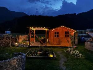 a small wooden cabin with lights on it at night at Appartement Steinblick -Obinghof- in Maishofen