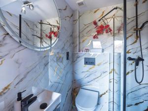 a bathroom with a toilet and a mirror at LookTatry Willa Pod Stokiem Apartments & Jacuzzi in Zakopane